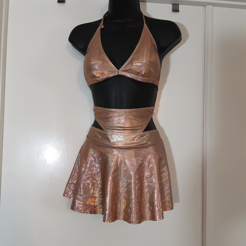 Holographic Two-Piece Bikini And Skirt Set